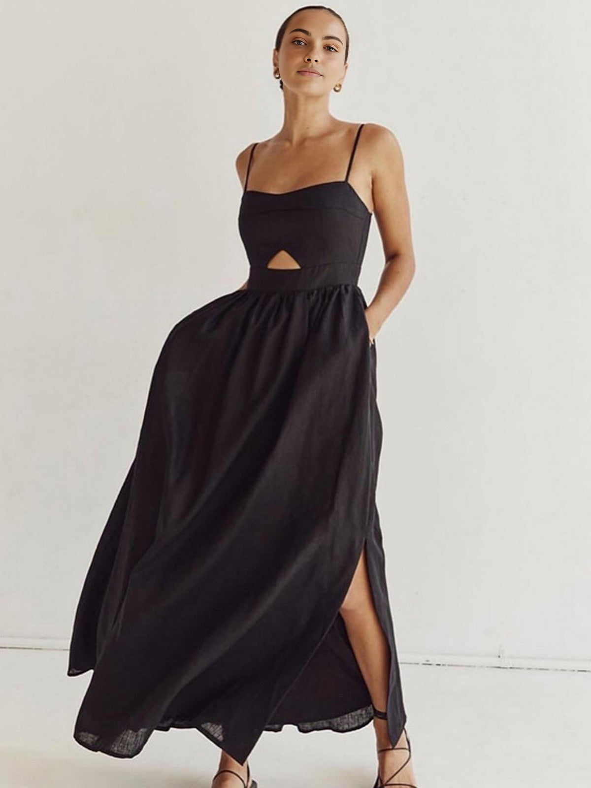 Cotton Sleeveless Pockets Cutout Long Dress for Women Summer Casual