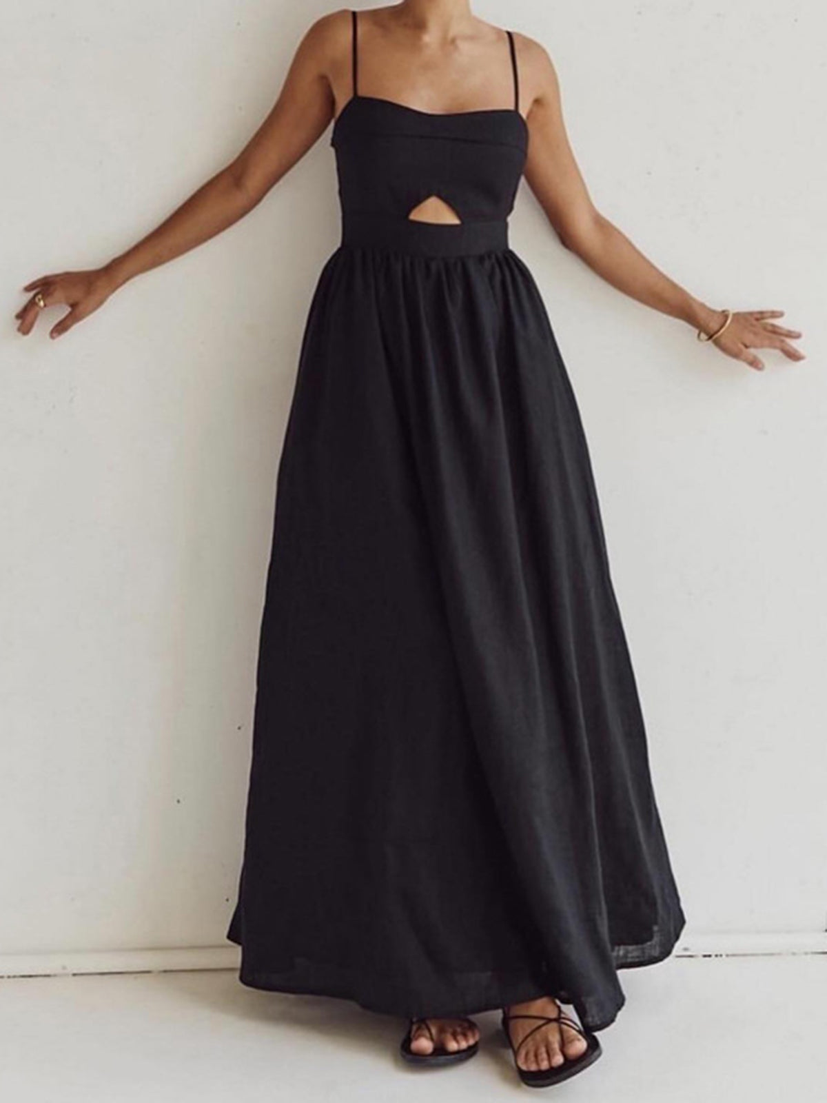 Cotton Sleeveless Pockets Cutout Long Dress for Women Summer Casual