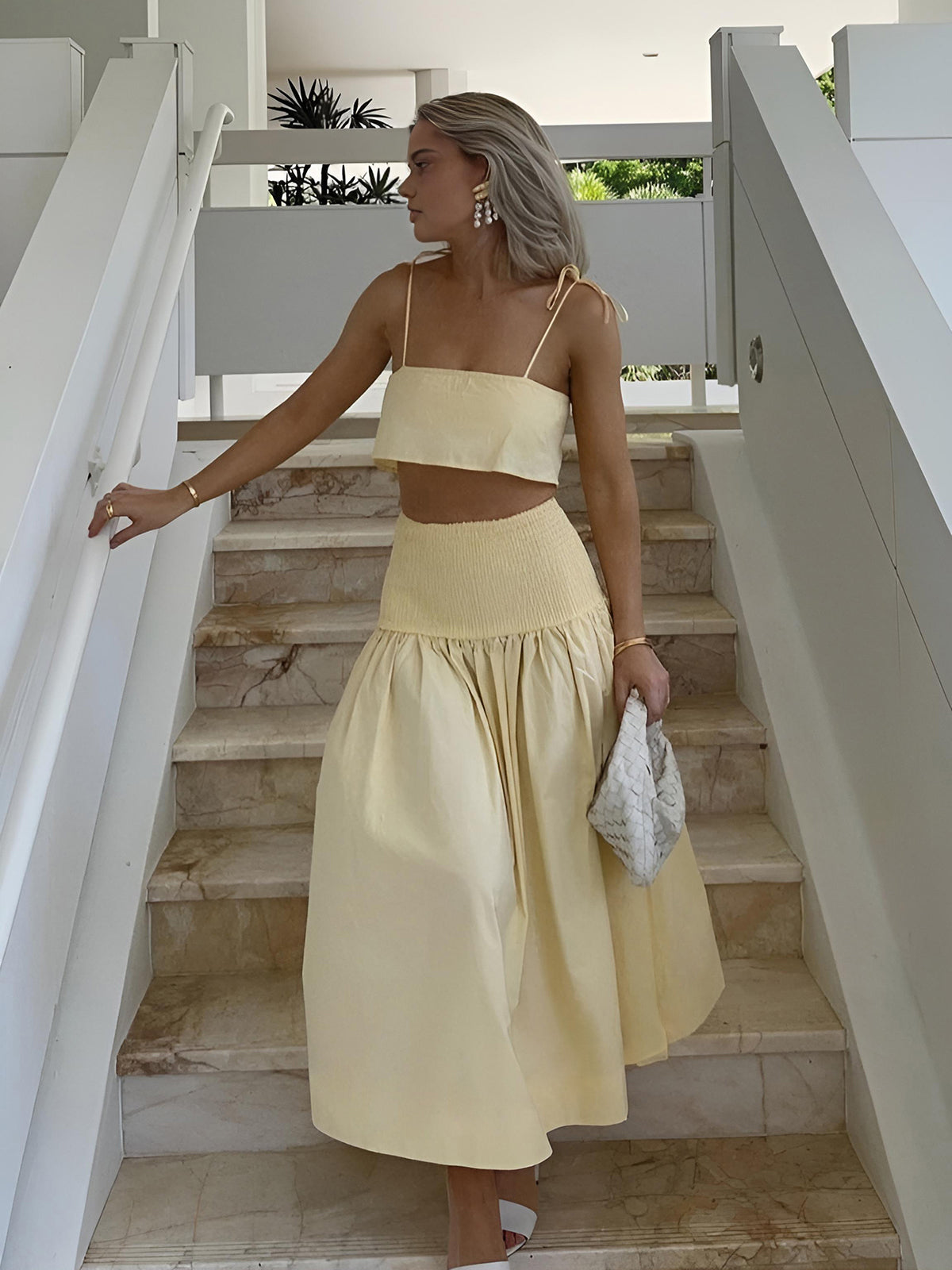 Shirred Waist Split Thigh Skirt Set with Matching Top