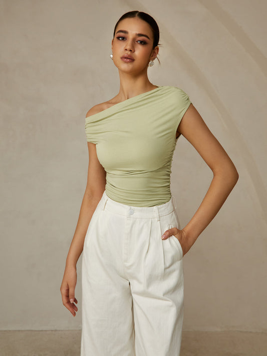 Asymmetrical Neck Sleeveless T-Shirt for Women Casual Summer Style