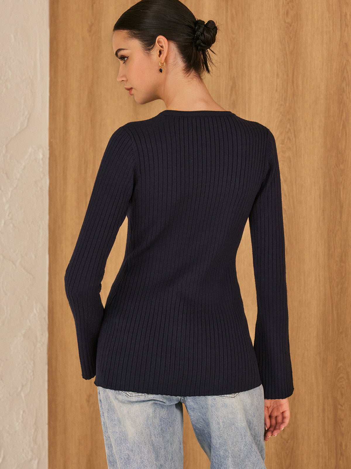 Golden Button Split Knit Top Cozy Long Sleeve Casual Wear