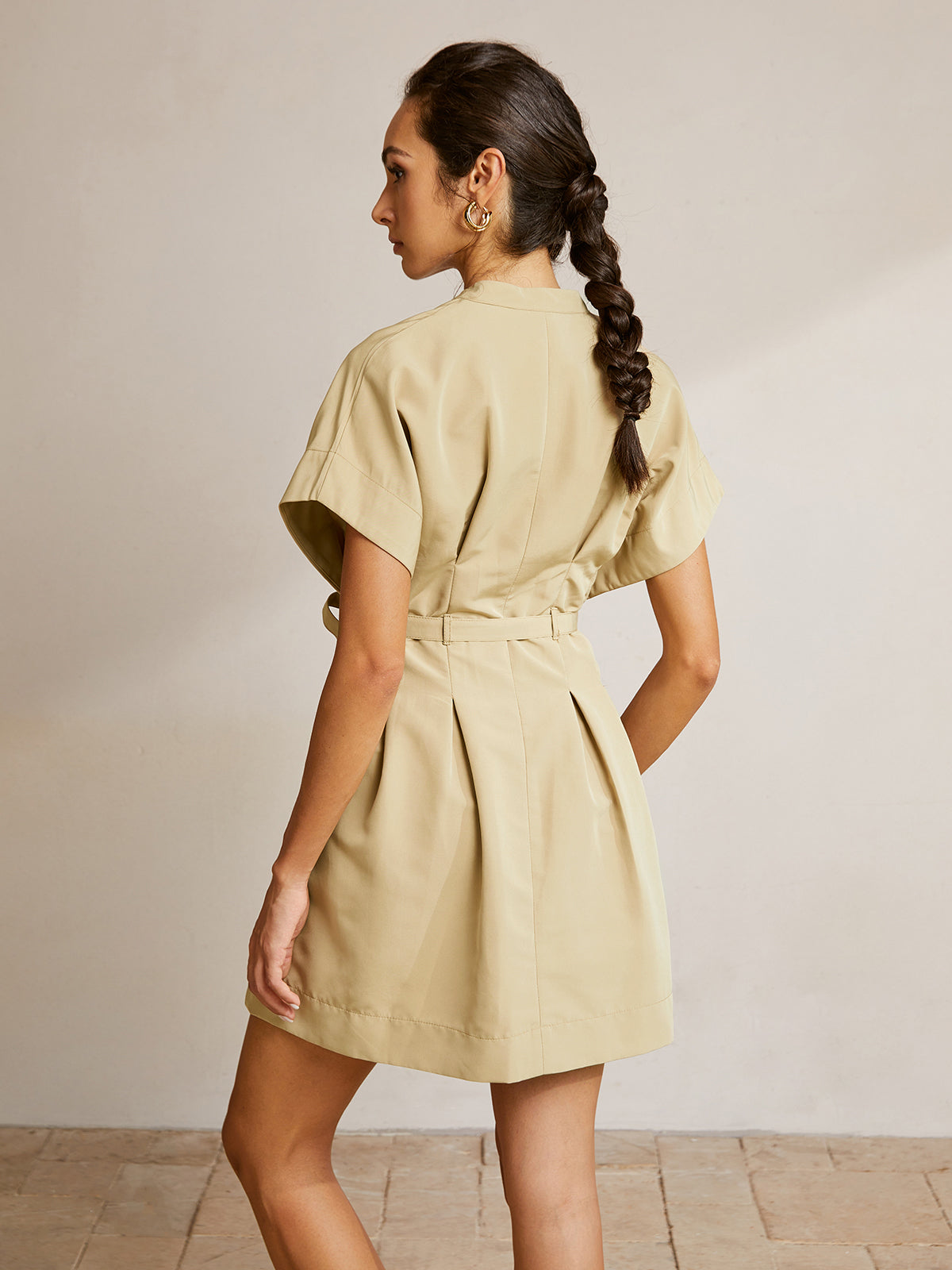 Stand Collar Short Dress With Belt and Elegant Sleeve Detail