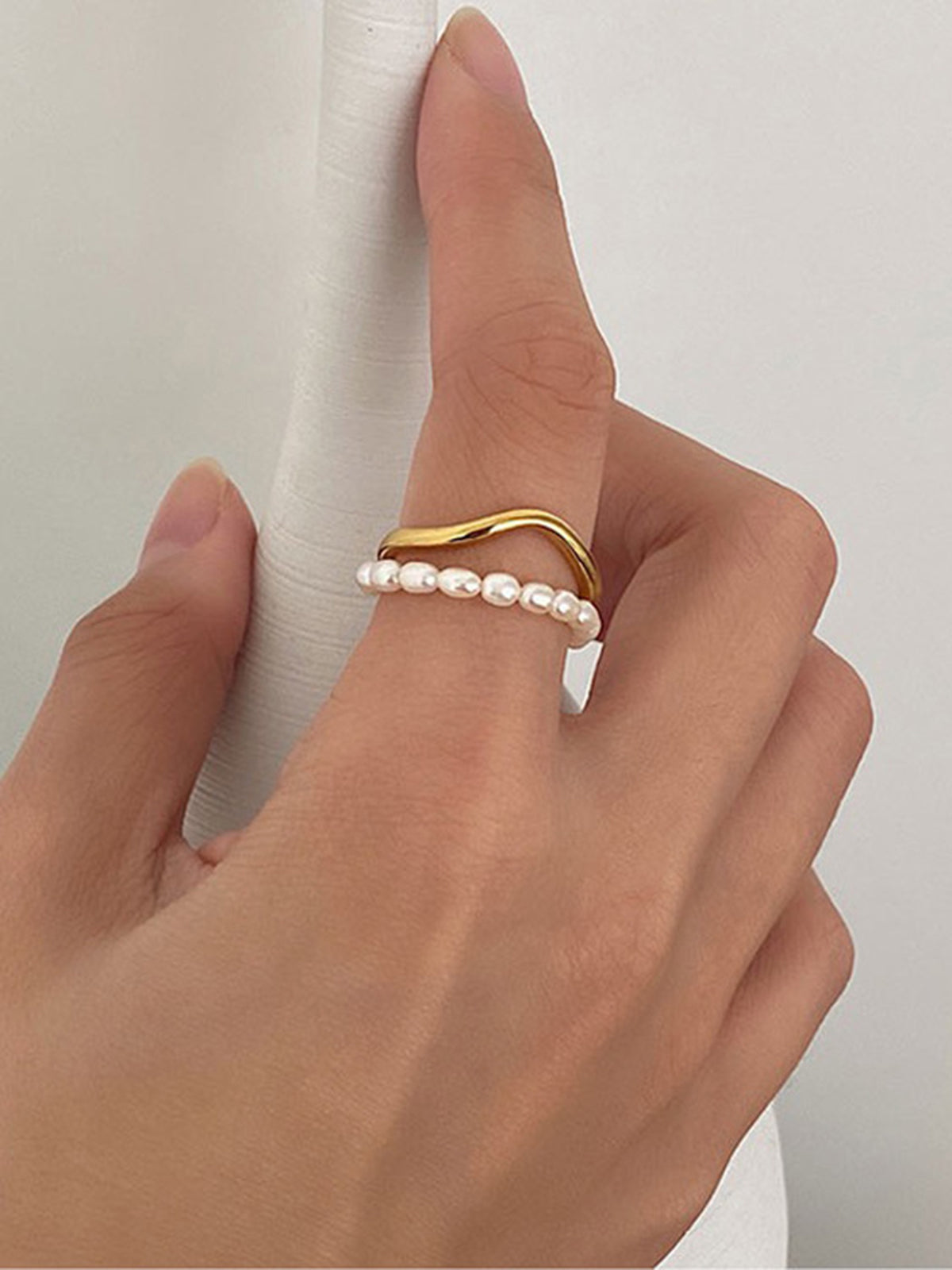 Double Layer Pearl Ring, Elegant Adjustable Women's Statement Jewelry