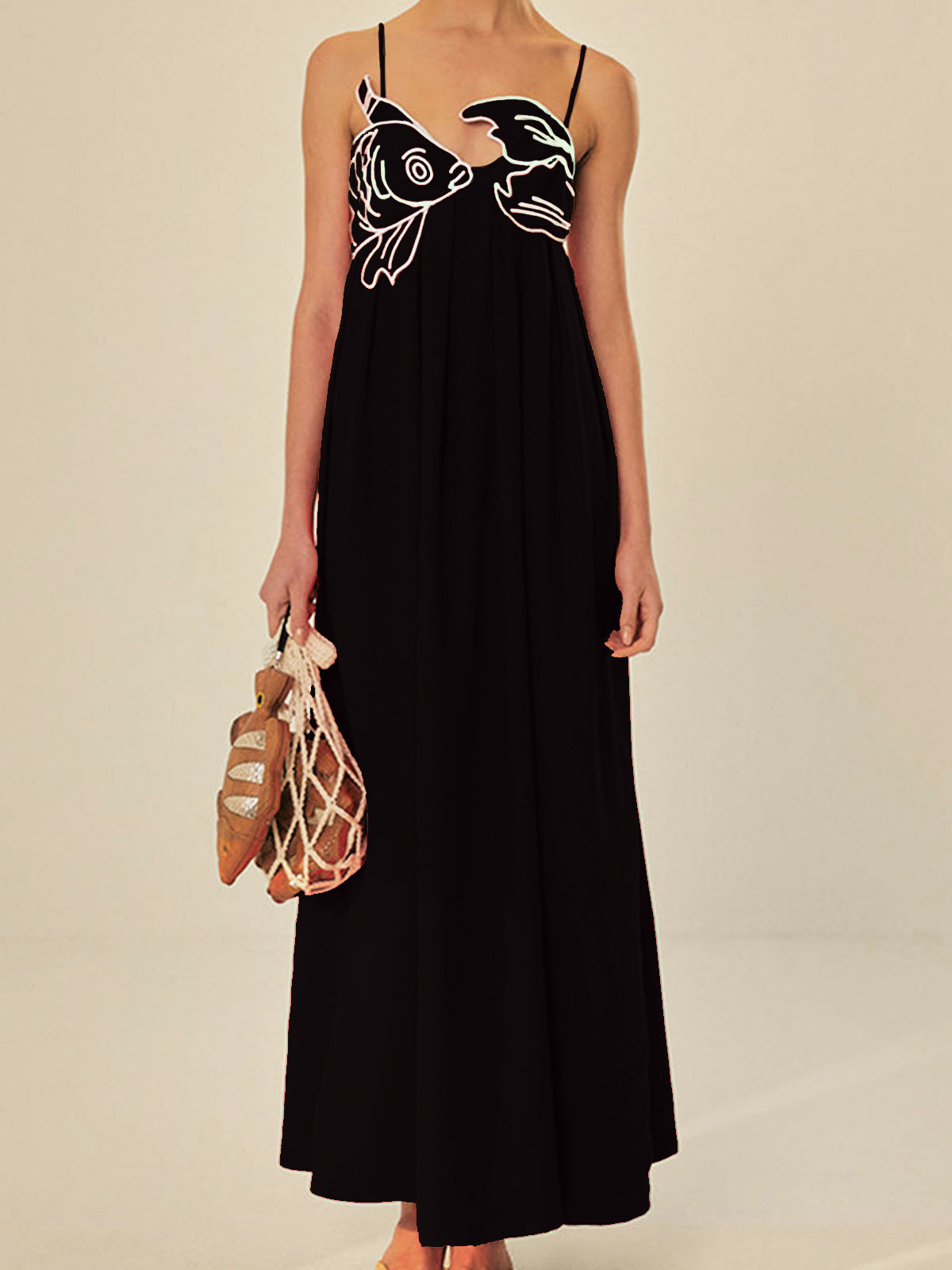 Embroidered Fish Semi-Sheer Cami Dress Lightweight Summer Beachwear
