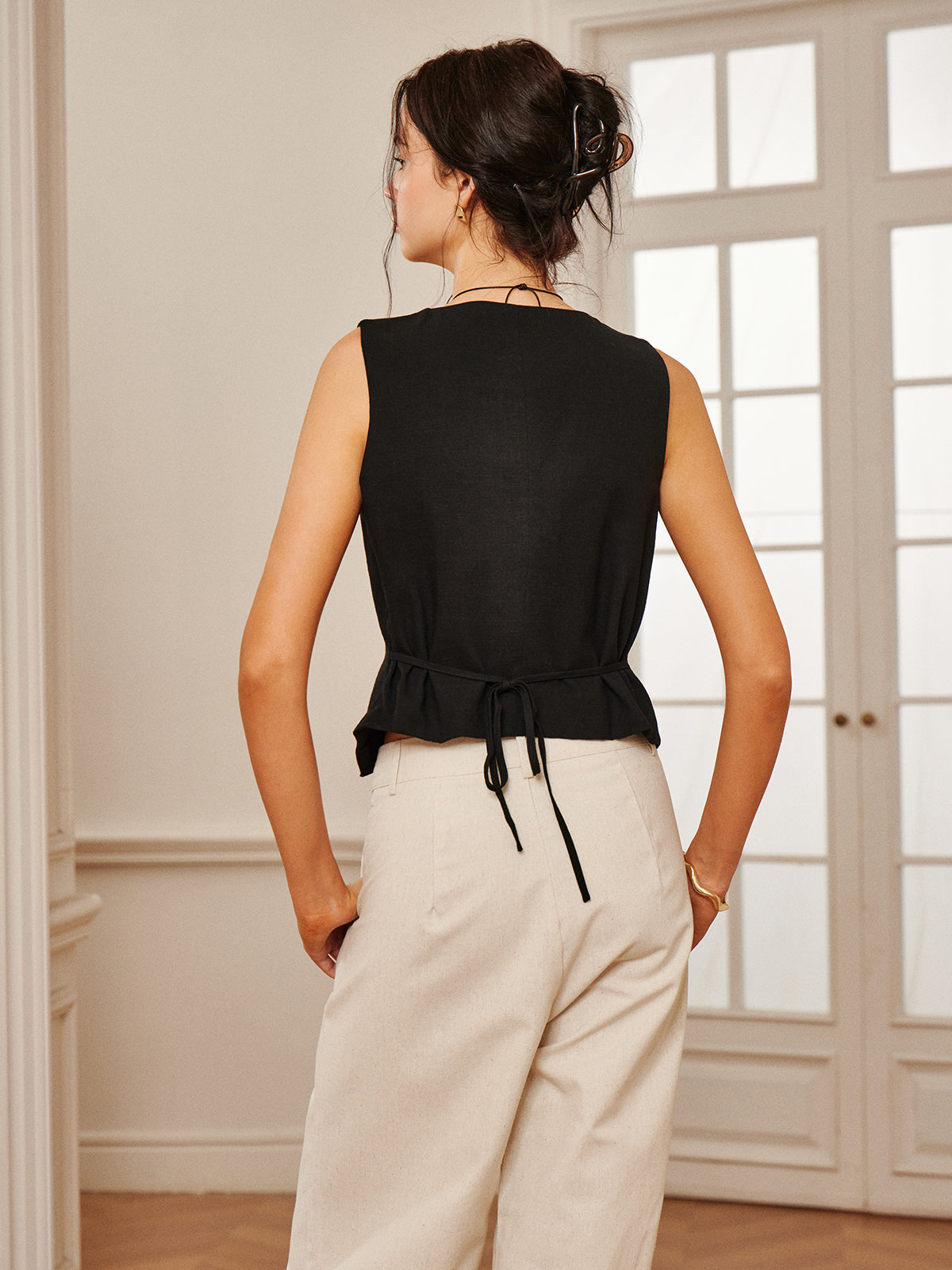 Cotton & Linen Tie-Detail Vest - Classic Sleeveless Summer Top