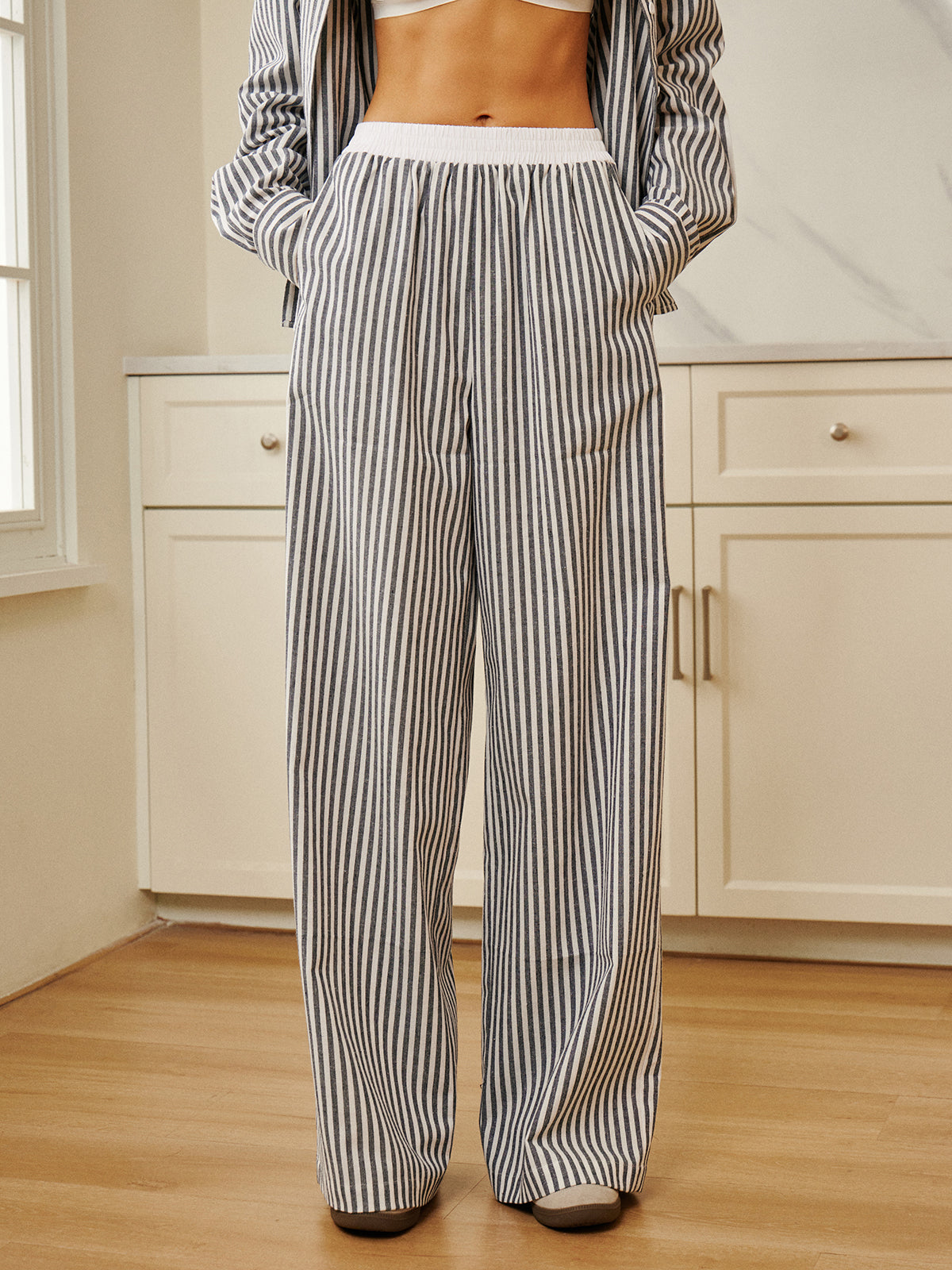 Pinstripe Contrast Binding Wide Leg Pants for Women Tailored Comfort