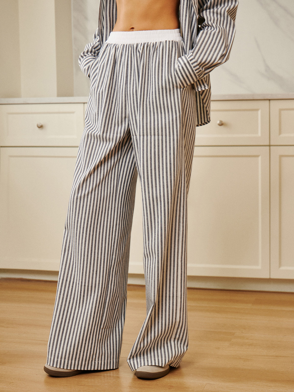 Pinstripe Contrast Binding Wide Leg Pants for Women Tailored Comfort