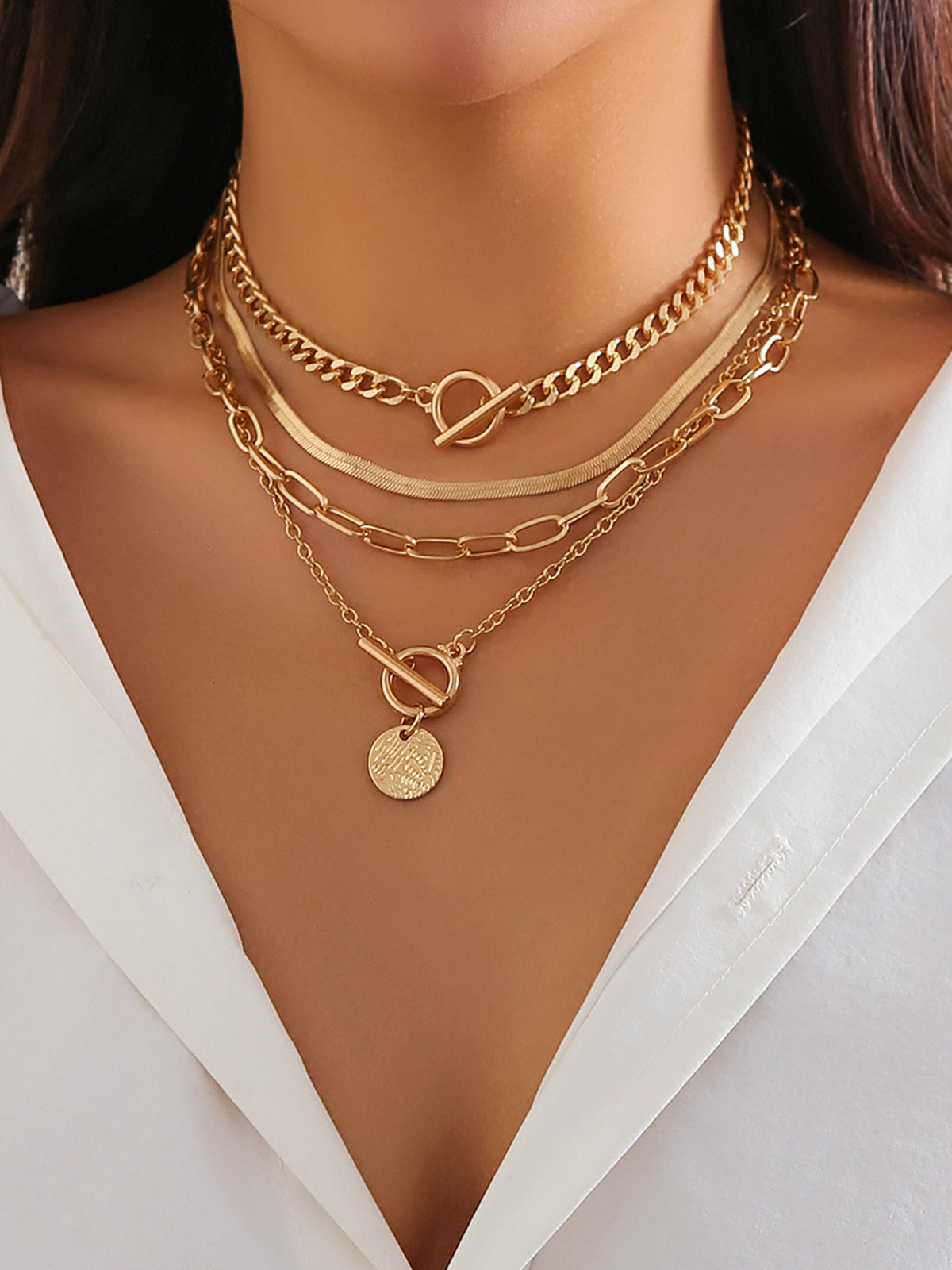 4pcs Chunky Stacking Pendant Necklace, Layered Statement Fashion Jewelry Set