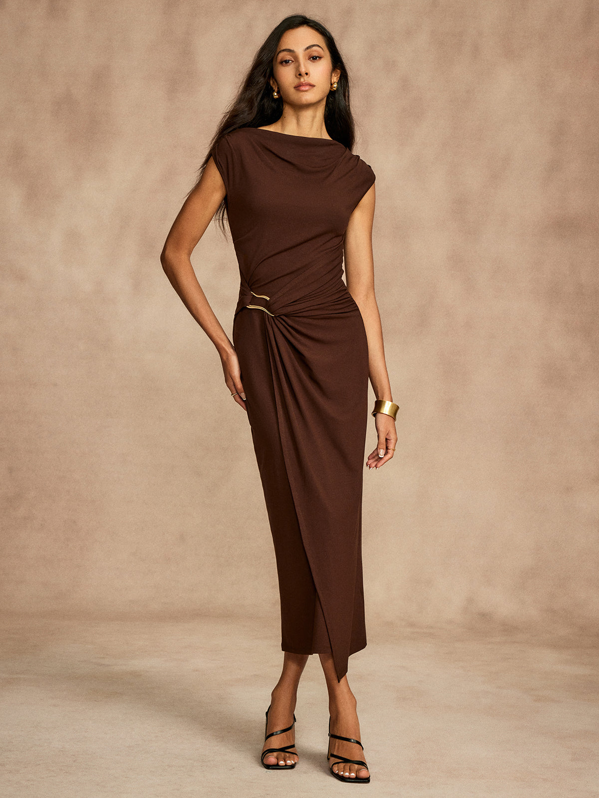 Pure Cotton Cap Sleeve Draped Dress for Women, Elegant Casual Wear