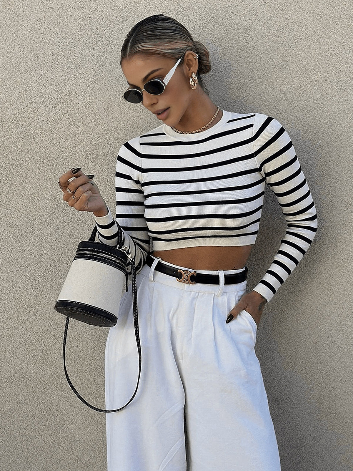 Striped Crop Bodycon Knit Top for Women Casual Wear
