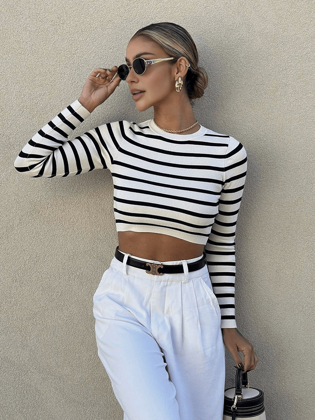 Striped Crop Bodycon Knit Top for Women Casual Wear
