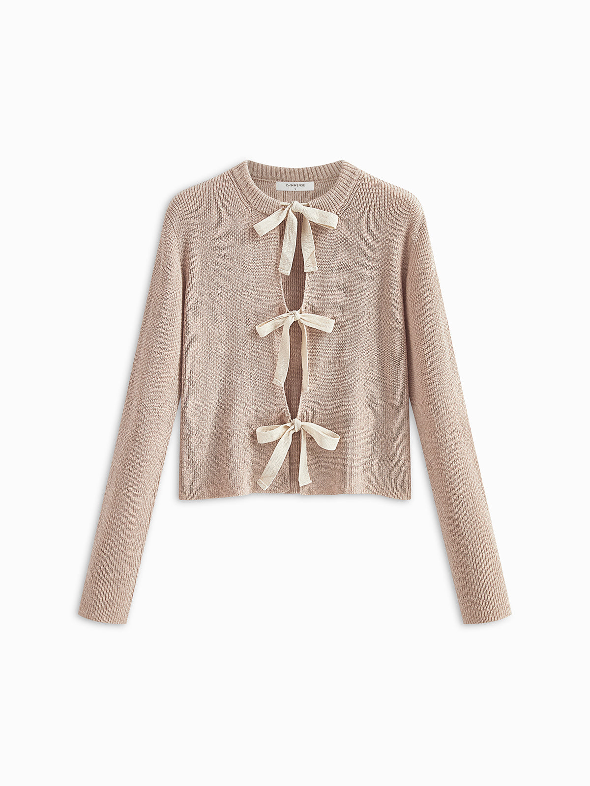 Plain Ribbed Bow Knotted Cardigan with Button Closure for Women