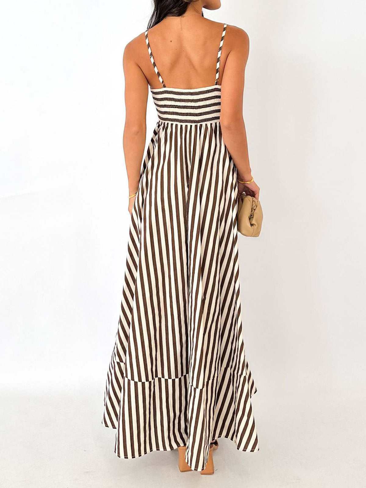Striped Pleated Cami Long Dress with Adjustable Straps for Women