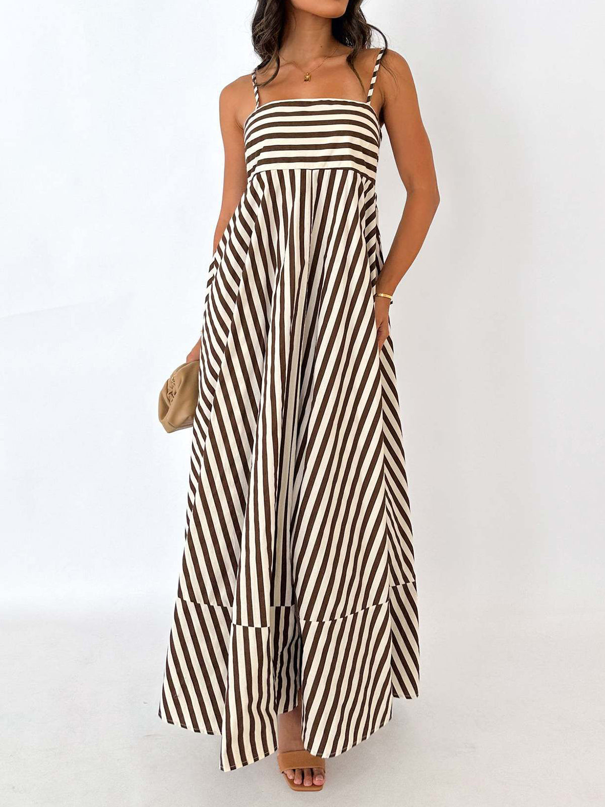 Striped Pleated Cami Long Dress with Adjustable Straps for Women