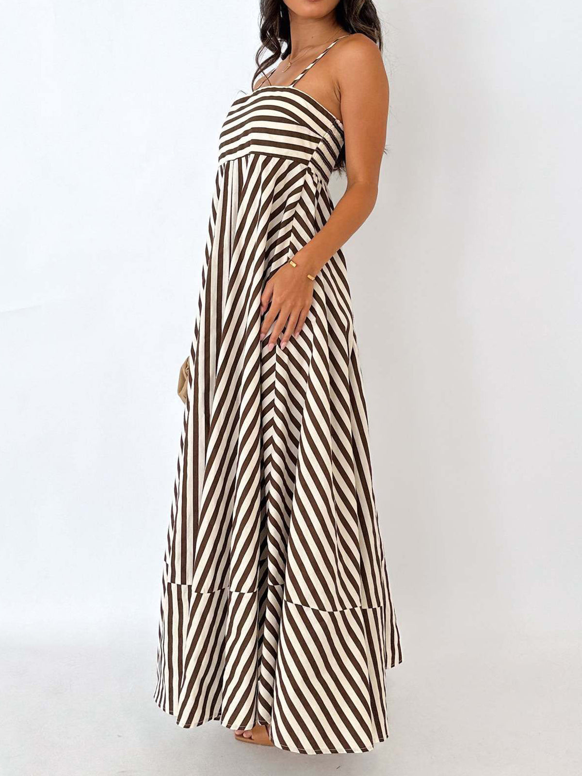 Striped Pleated Cami Long Dress with Adjustable Straps for Women