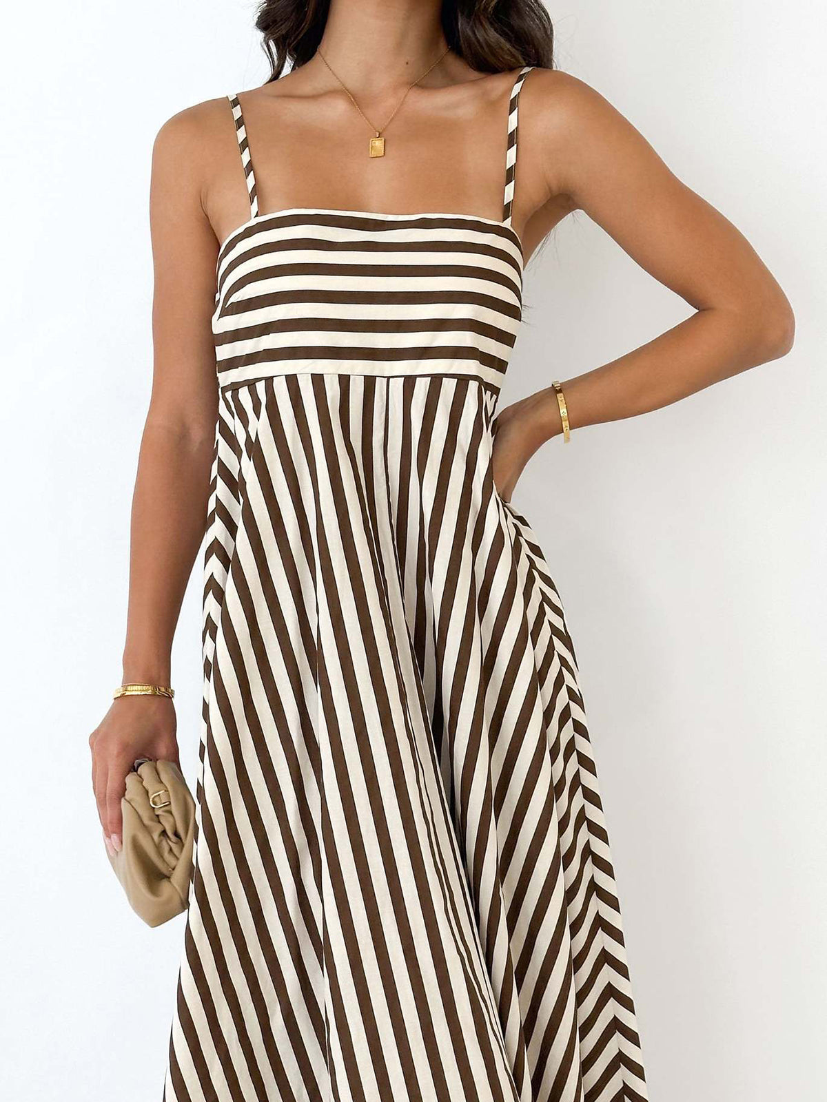 Striped Pleated Cami Long Dress with Adjustable Straps for Women