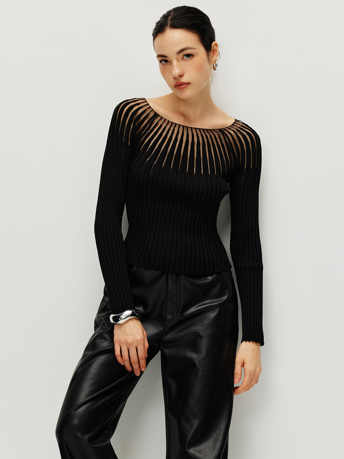 Ribbed Hollow Sweater Lightweight Long Sleeve Pullover