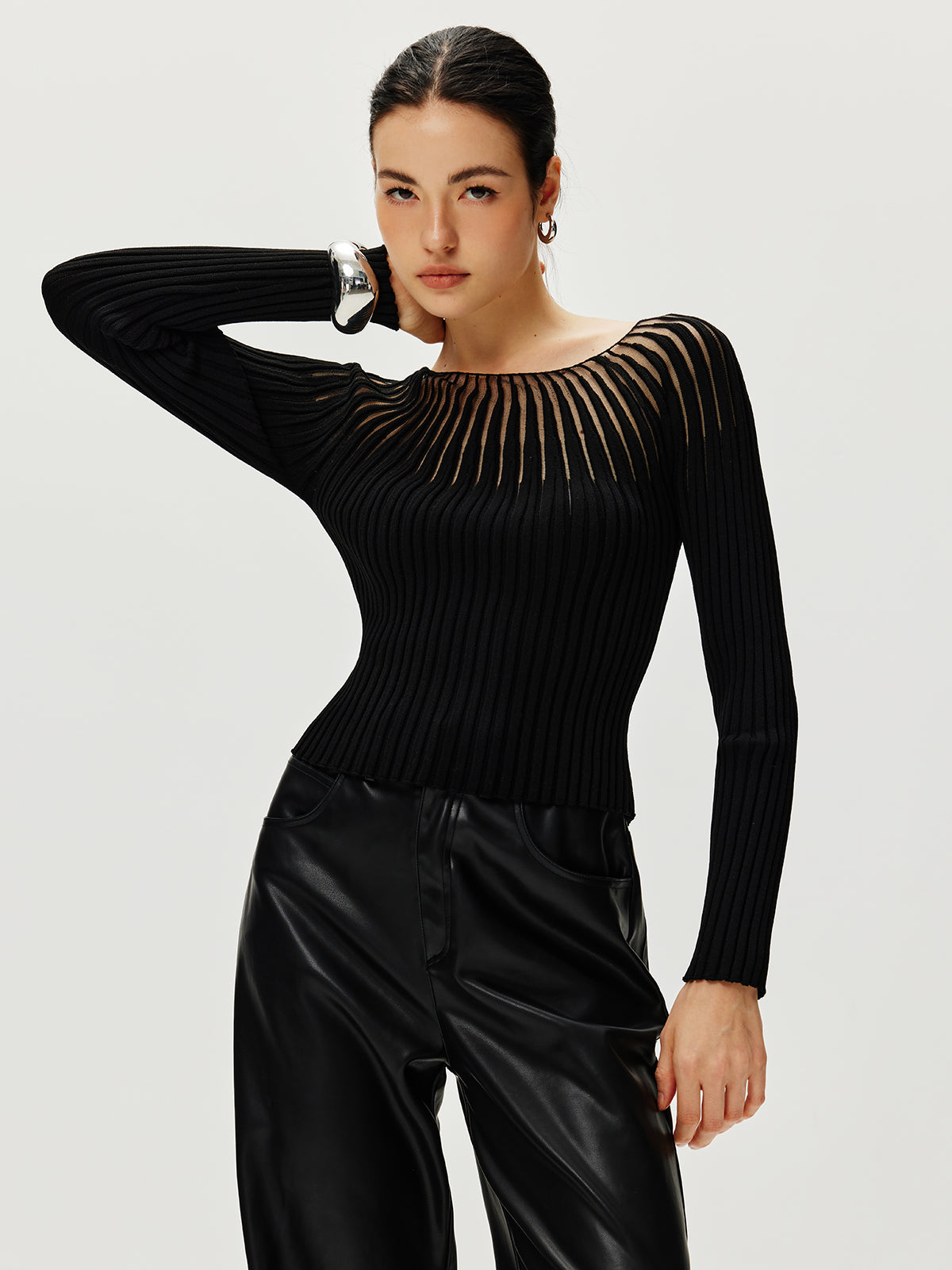 Ribbed Hollow Sweater Lightweight Long Sleeve Pullover