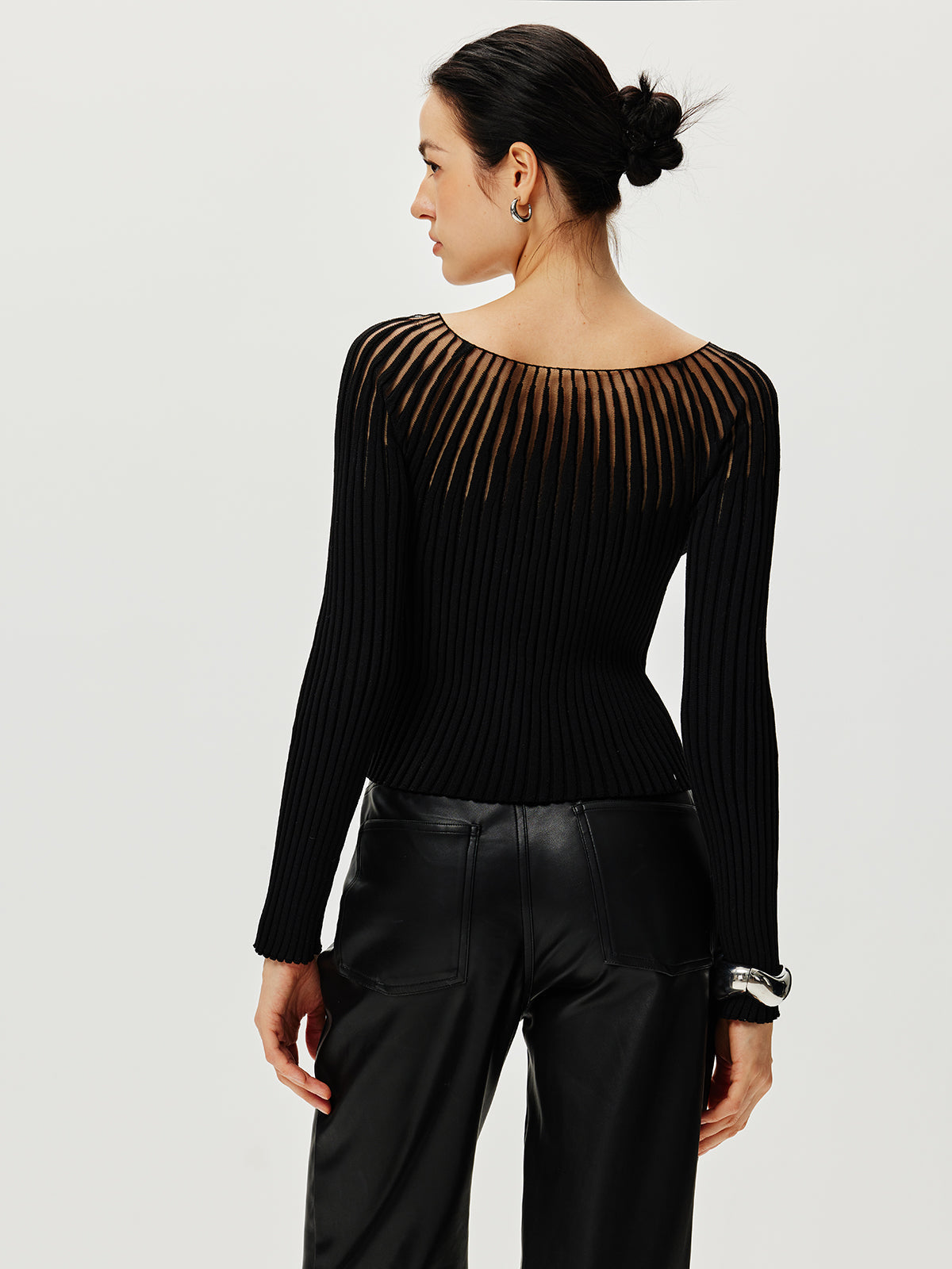 Ribbed Hollow Sweater Lightweight Long Sleeve Pullover