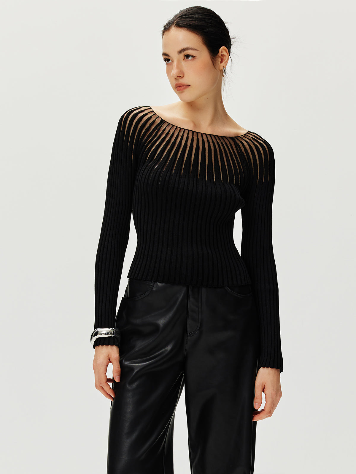 Ribbed Hollow Sweater Lightweight Long Sleeve Pullover