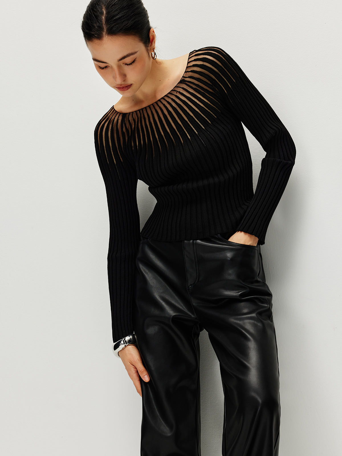 Ribbed Hollow Sweater Lightweight Long Sleeve Pullover