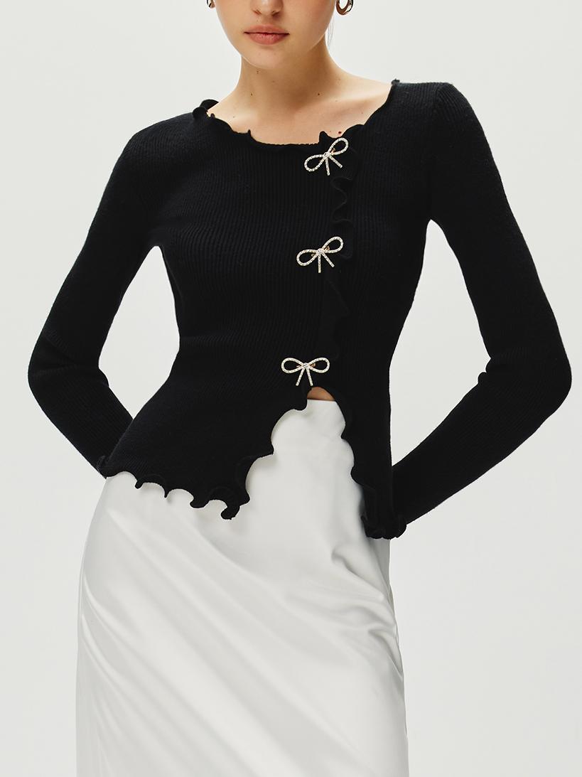Rhinestone Bow Lettuce Trim Sweater with Elegant Design