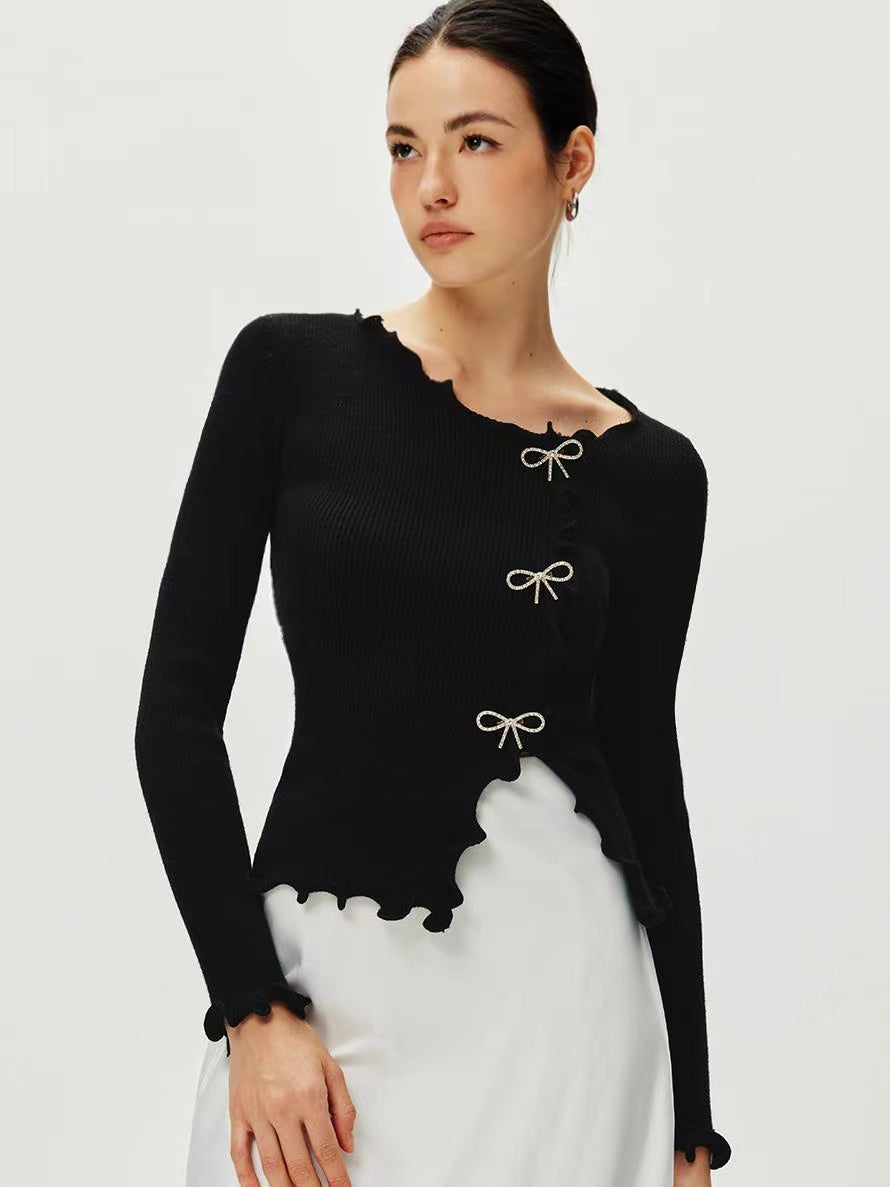 Rhinestone Bow Lettuce Trim Sweater with Elegant Design