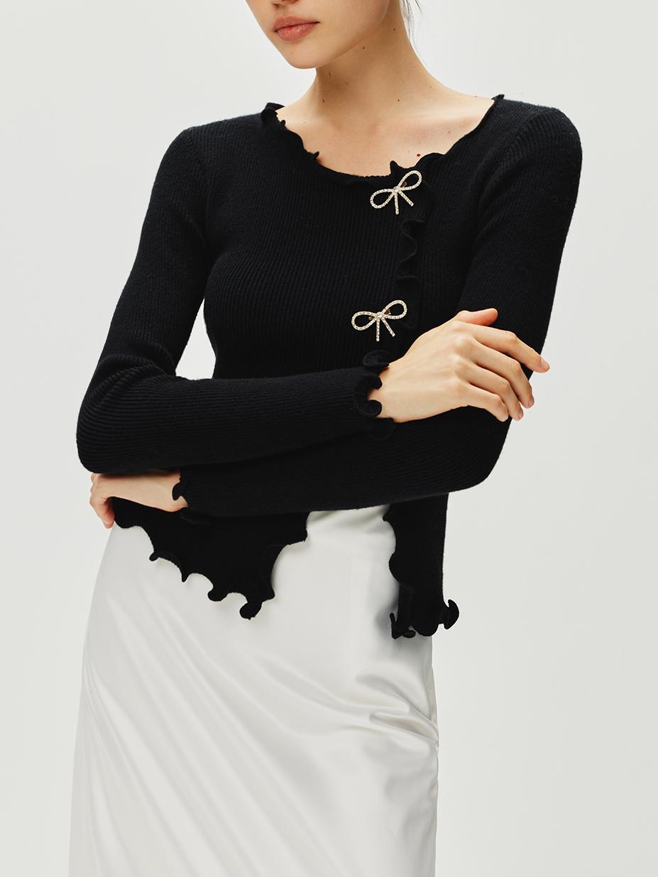Rhinestone Bow Lettuce Trim Sweater with Elegant Design