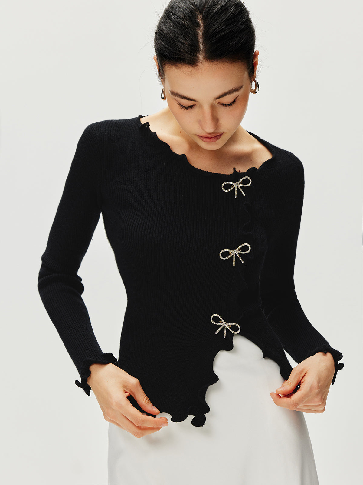 Rhinestone Bow Lettuce Trim Sweater with Elegant Design