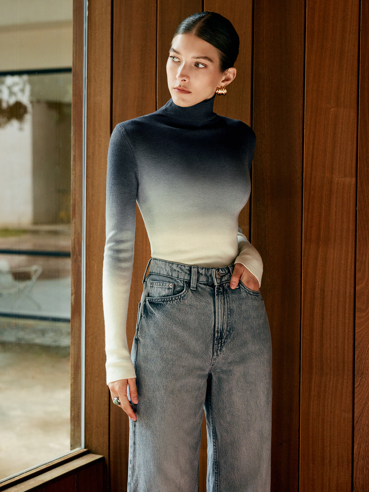 Wool-Blend Ombre Slim Knit Top for Women Comfort Fit