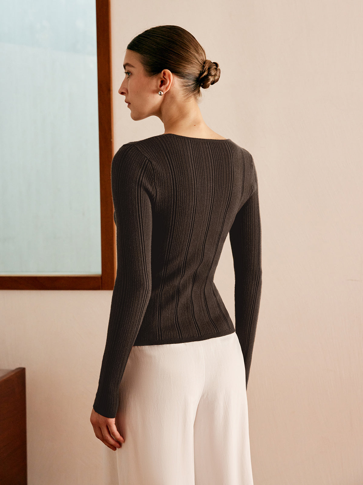 Cutout Metal Button Knit Top Cozy Long Sleeve Winter Fashion