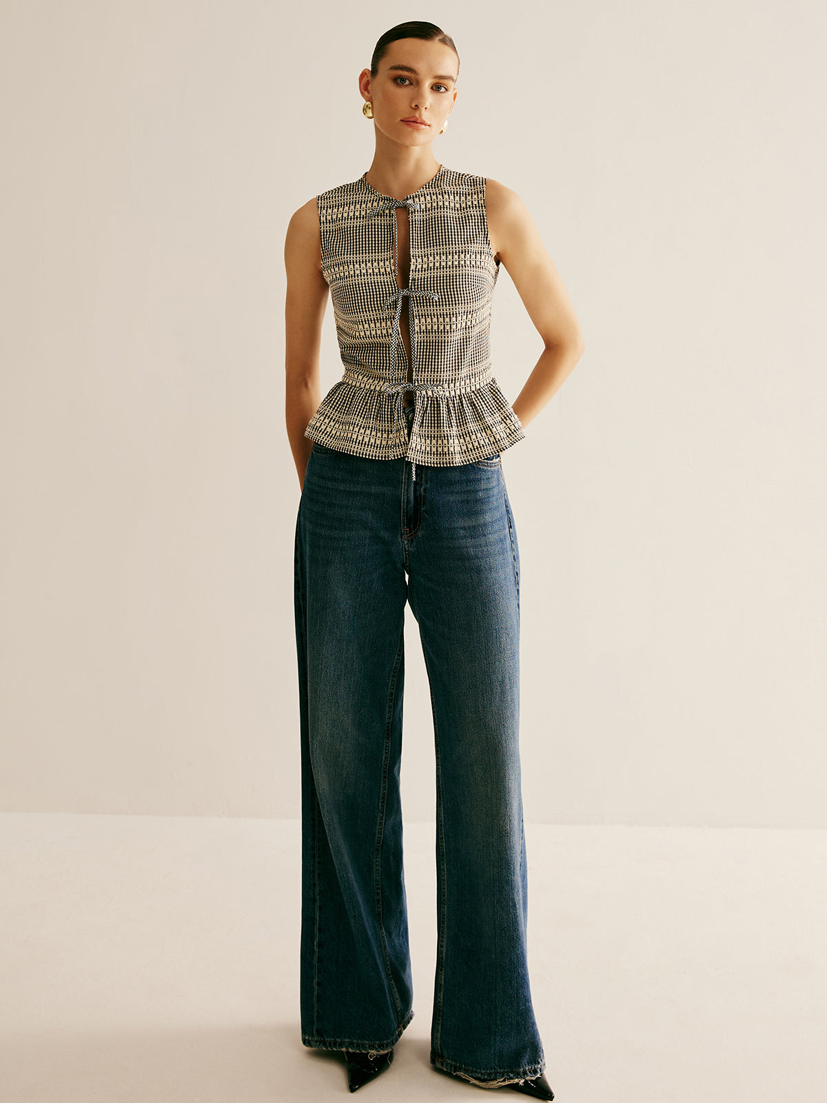 Plaid Tie Front Ruffle Tank Top with Button Details