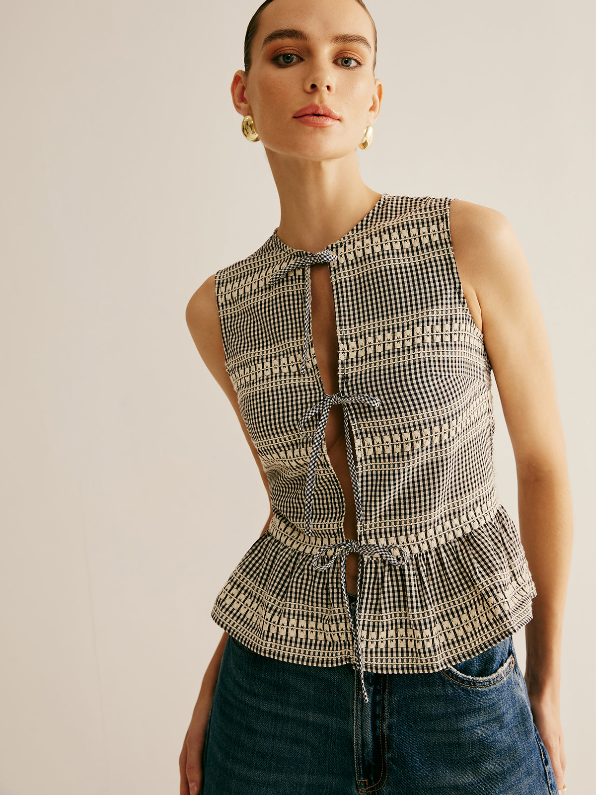 Plaid Tie Front Ruffle Tank Top with Button Details