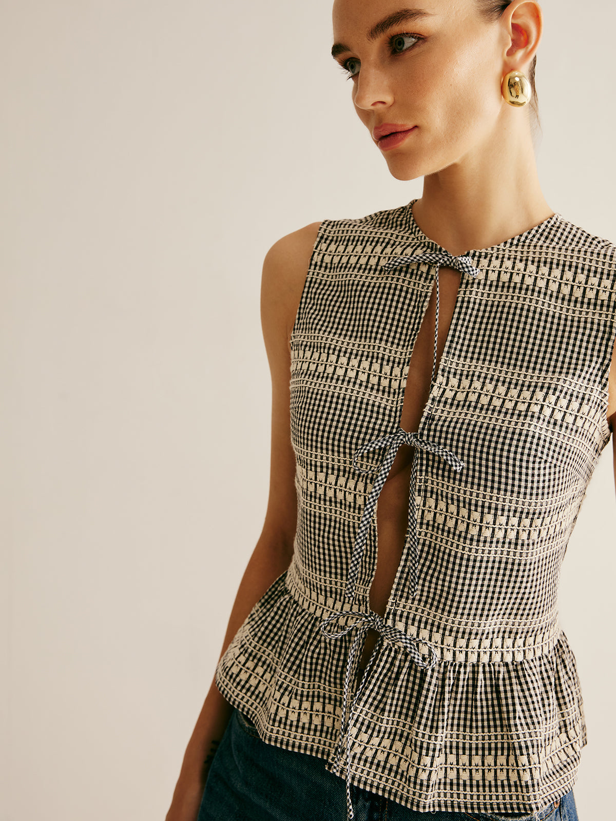 Plaid Tie Front Ruffle Tank Top with Button Details