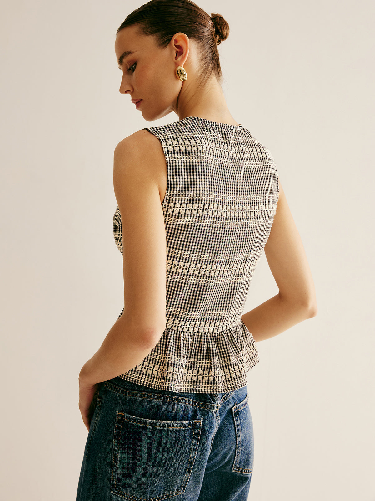 Plaid Tie Front Ruffle Tank Top with Button Details