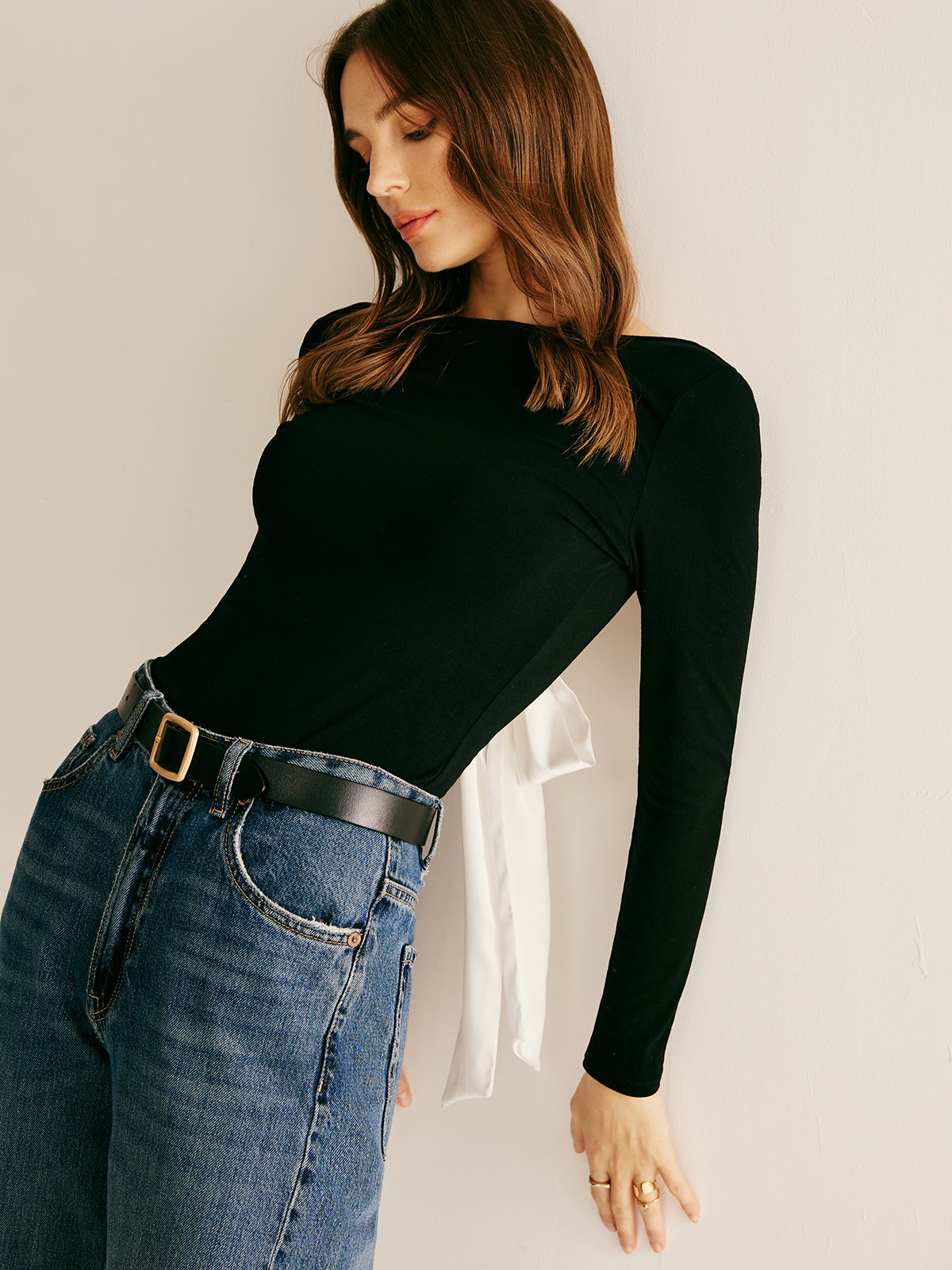 Backless Long Sleeve Tie T-Shirt for Women Casual Wear