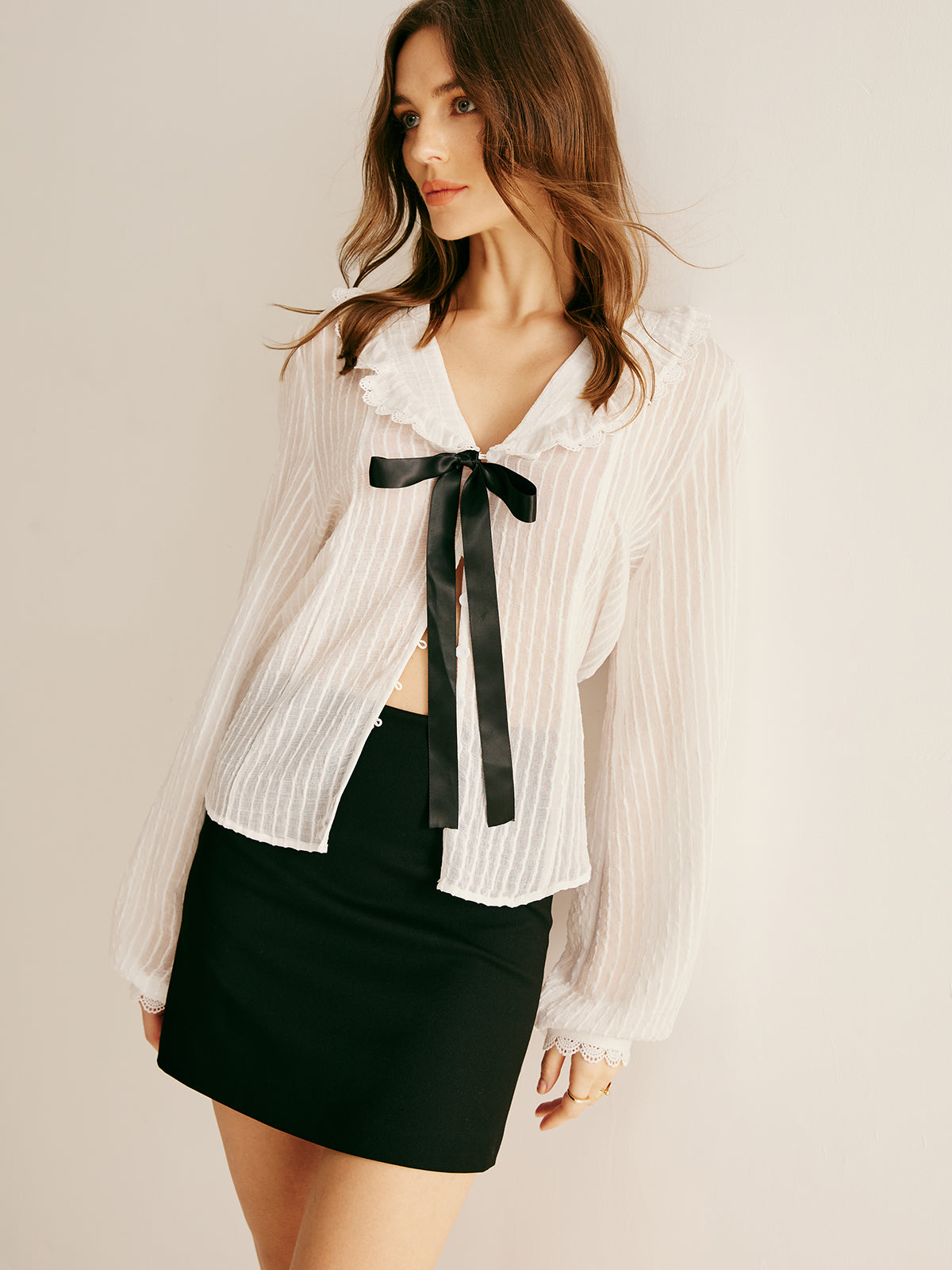 Ruffle Neck Pinstripe Semi-Sheer Shirt for Women Casual Workwear