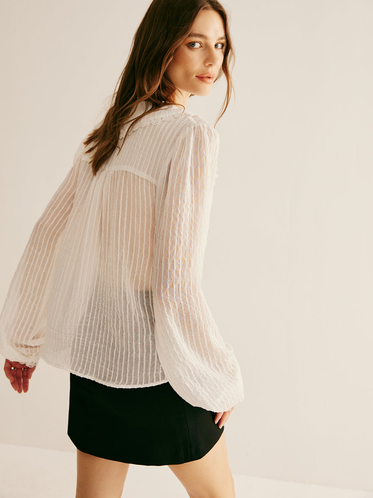 Ruffle Neck Pinstripe Semi-Sheer Shirt for Women Casual Workwear