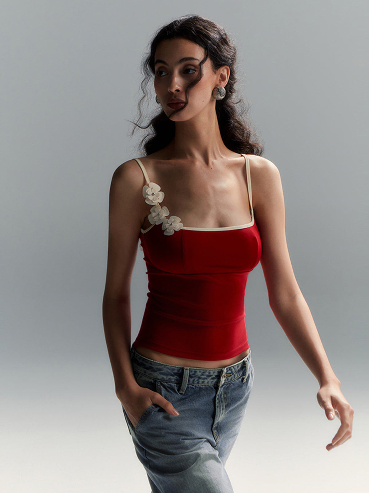 Floral Contrast Trim Bodycon Cami Top with Adjustable Straps