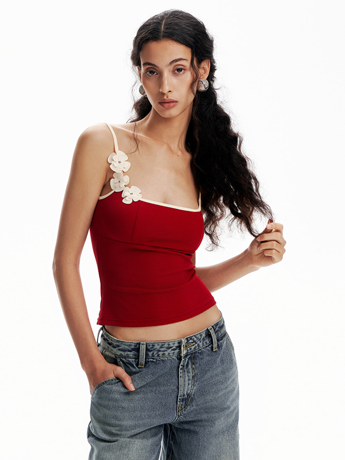 Floral Contrast Trim Bodycon Cami Top with Adjustable Straps
