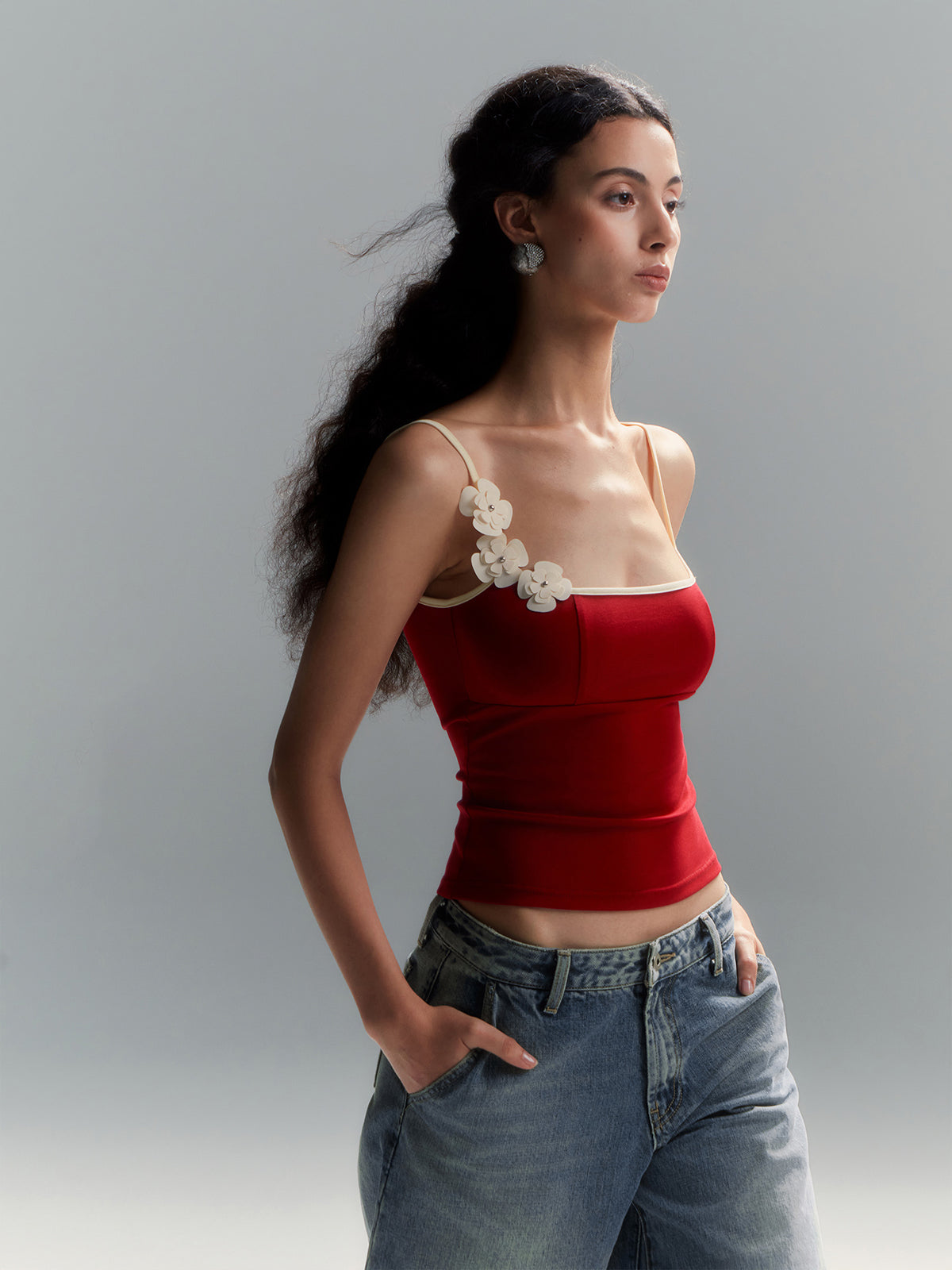 Floral Contrast Trim Bodycon Cami Top with Adjustable Straps