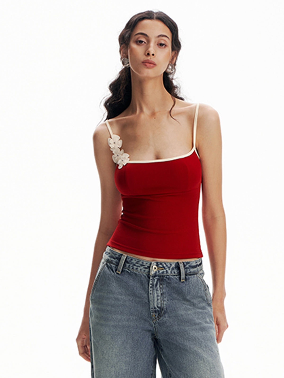 Floral Contrast Trim Bodycon Cami Top with Adjustable Straps