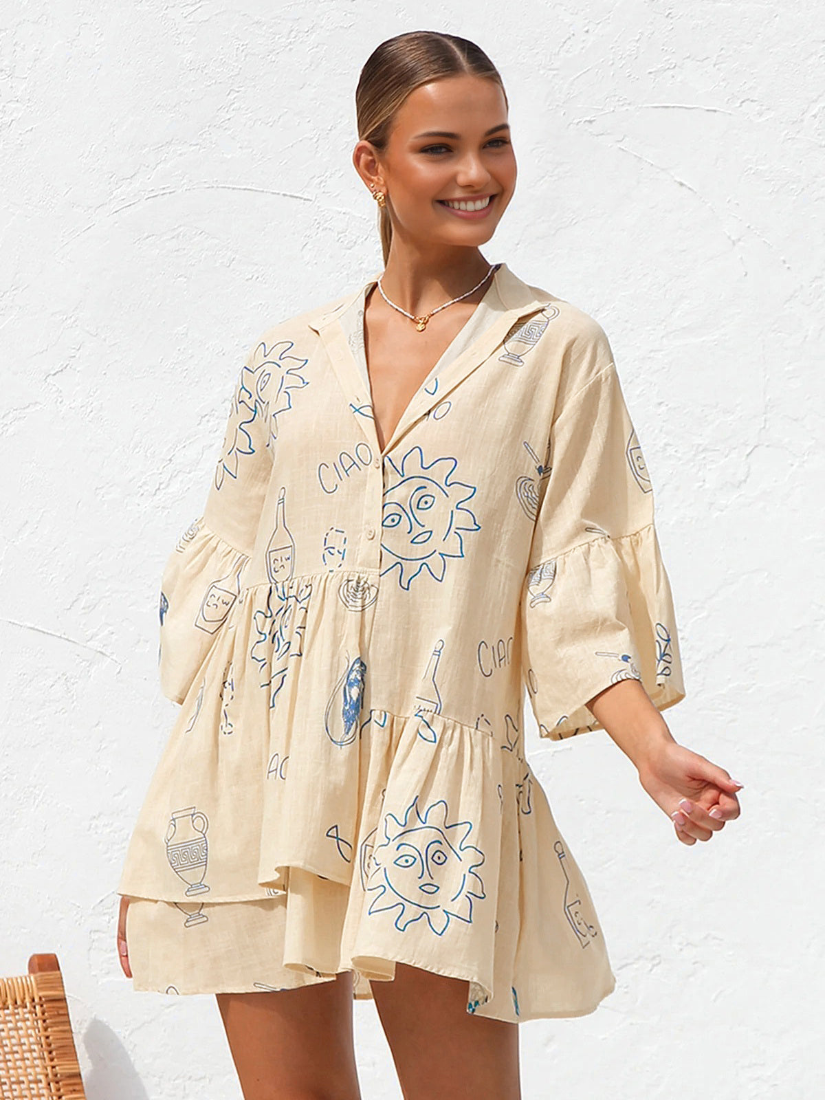 Oversized Sun Print Short Dress with Flowy Sleeves for Women