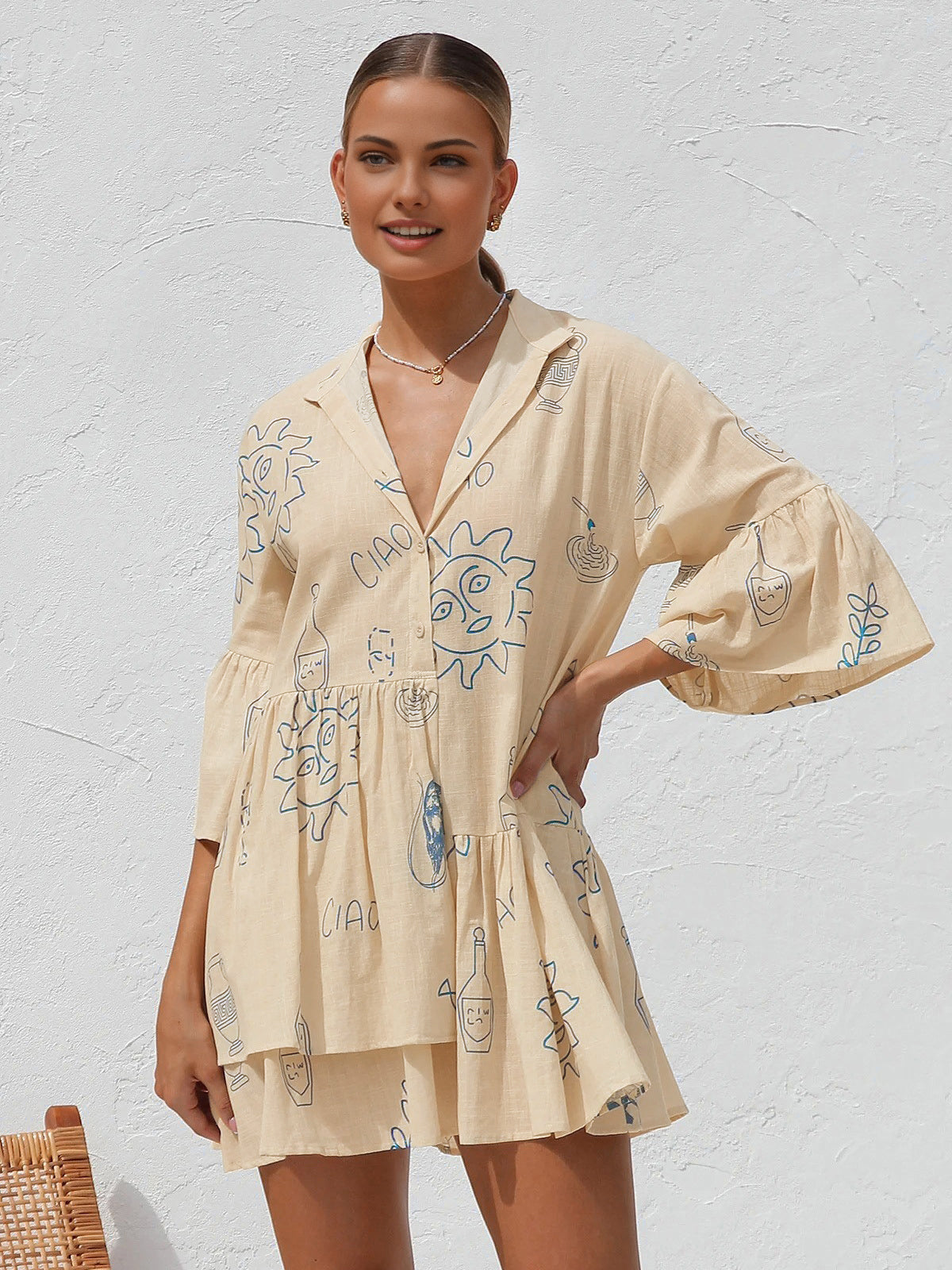 Oversized Sun Print Short Dress with Flowy Sleeves for Women