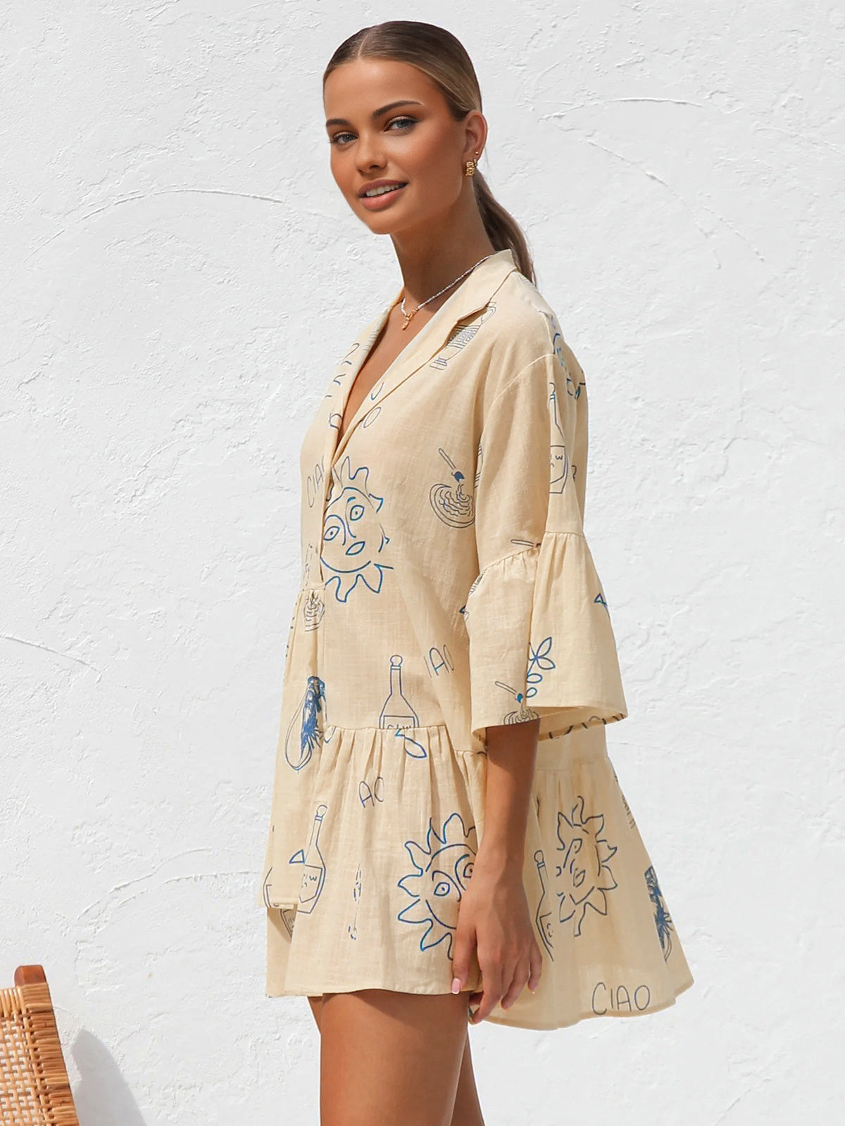 Oversized Sun Print Short Dress with Flowy Sleeves for Women