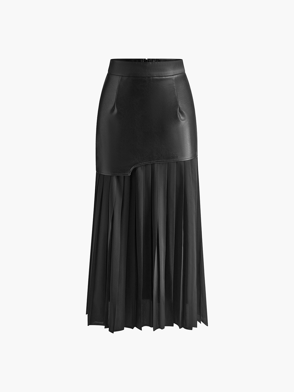 Asymmetric Patchwork Faux Leather Chiffon Pleated Maxi Skirt Trendy Women's Fashion