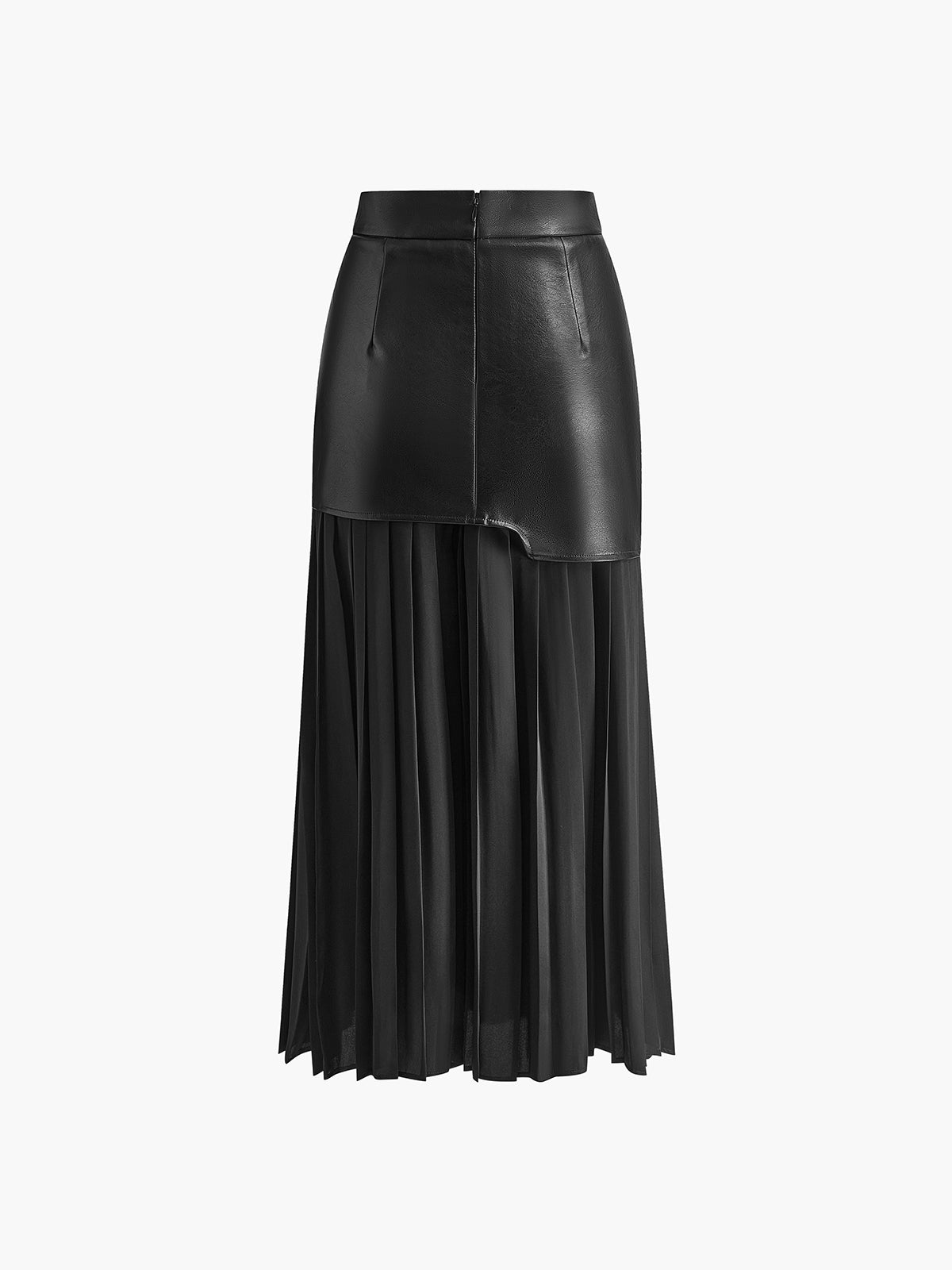 Asymmetric Patchwork Faux Leather Chiffon Pleated Maxi Skirt Trendy Women's Fashion