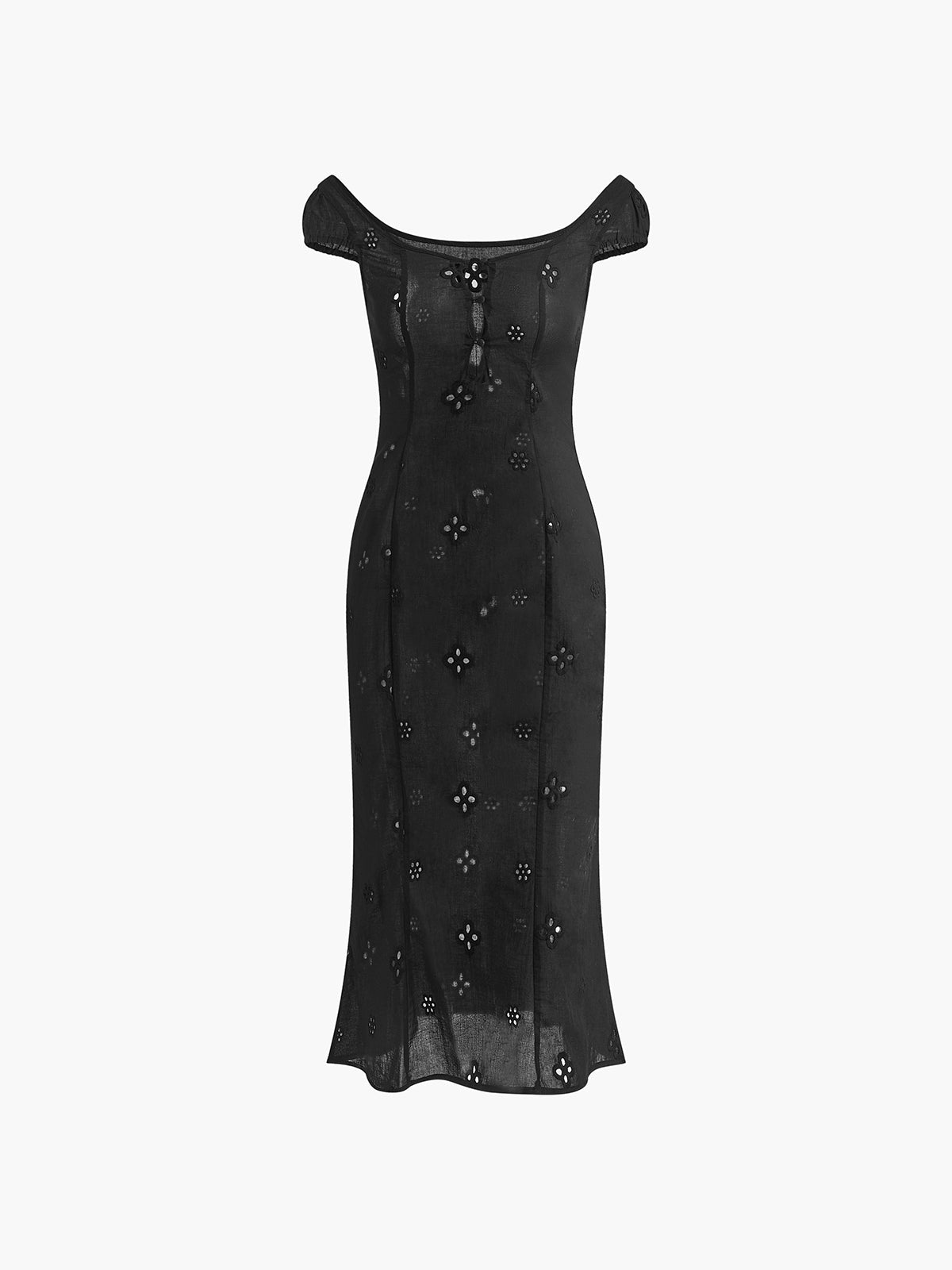 Semi-Sheer Cotton Keyhole Neckline Midi Dress With Belt Tie Detail