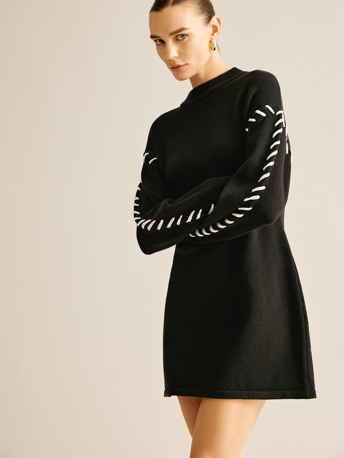 Contrast Trim Sweater Short Dress Casual Fall Fashion