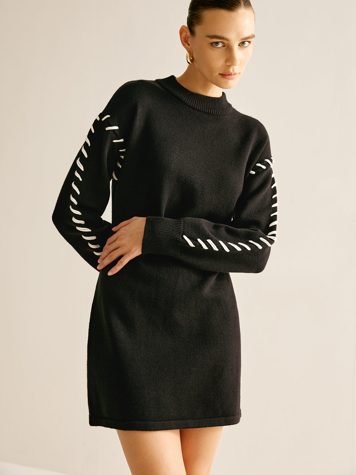 Contrast Trim Sweater Short Dress Casual Fall Fashion